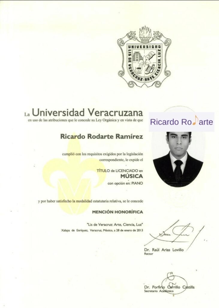 Título de Licenciatura en Música de Ricardo Rodarte